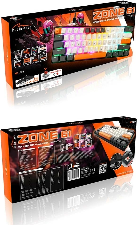 Tastierë mekanike Media-Tech ZONE 61 MT1258, 60%, me kabllo, LED, anthracite/portokalli/e bardhë
