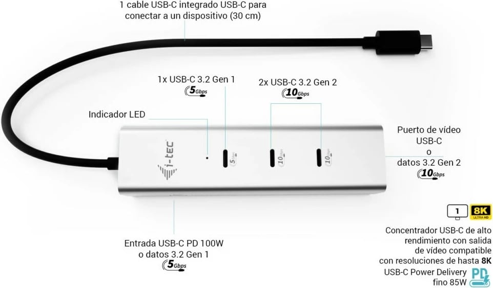 USB-C hub I-Tec D I-TEC, 5 porta, 85W, argjendtë