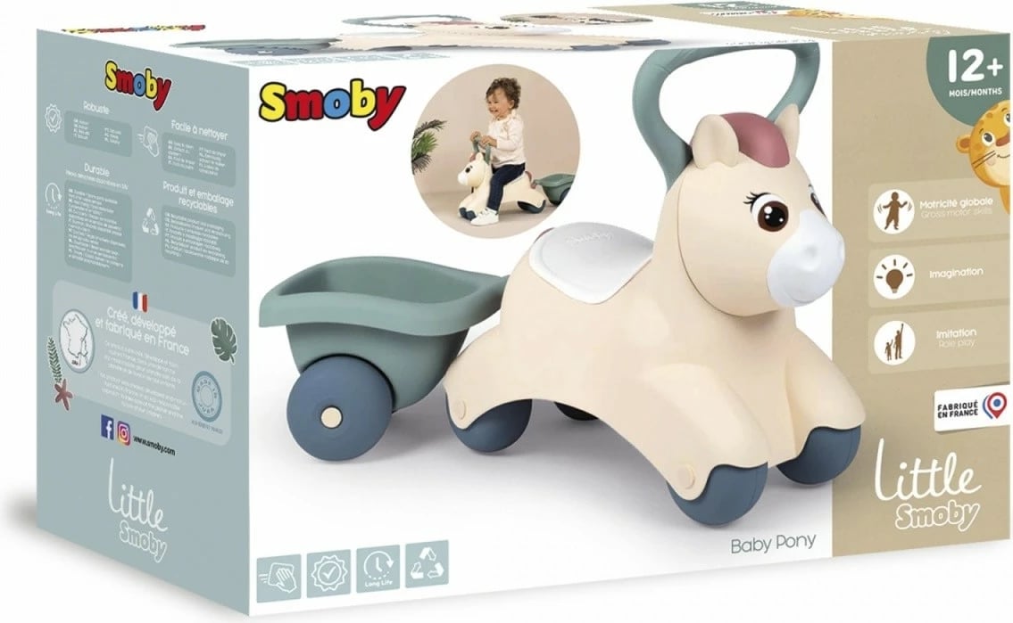 Jezdik lodër Smoby Baby Pony 7600140502, plastikë, bezhë/gri/e bardhë, me rimorkio