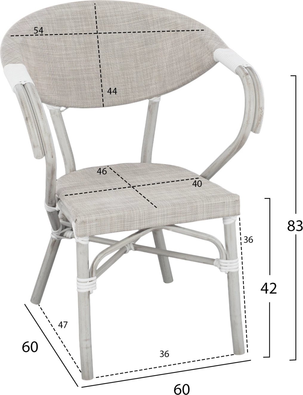 Karrige alumini pamje bambu, gri patinë, me tekstilene, FH5108, 57x57x83 cm
