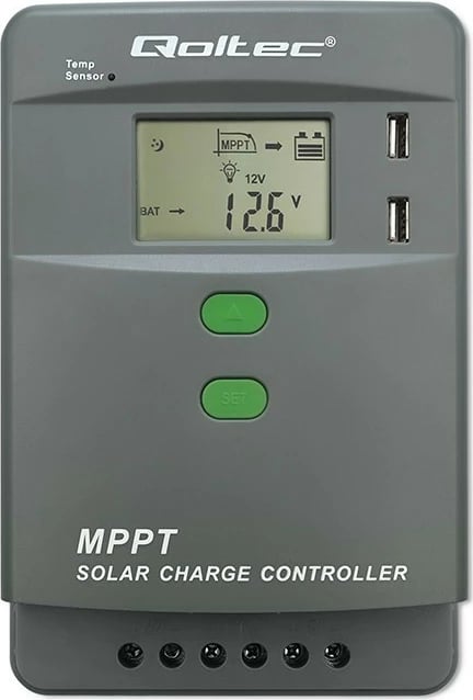 Kontrollues karikimi diellor Qoltec MPPT 53662, 30A, 12V/24V, LCD, 2xUSB, Bluetooth, Gri/Jeshil