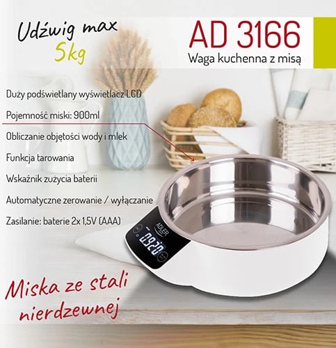 Peshore kuzhine, Adler AD 3166, kapacitet 5 kg, tas çelik inox 900 ml, ekran LCD me ndriçim, e bardhë