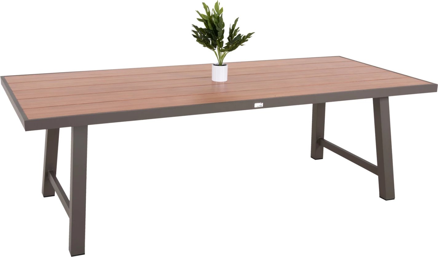 Tavolinë alumini për jashtë, GOBAR FH6060.04, ngjyrë shampanjë me sipërfaqe tavoline si dru, 240x105x75 cm