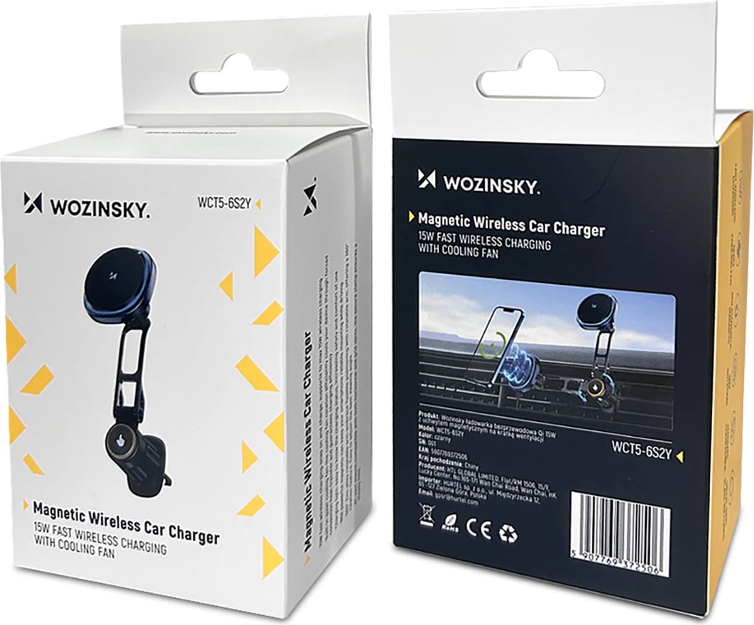 Mbajtës magnetik për veturë Wozinsky WCT5-6S2Y me karikues wireless Qi/MagSafe 15W, i zi