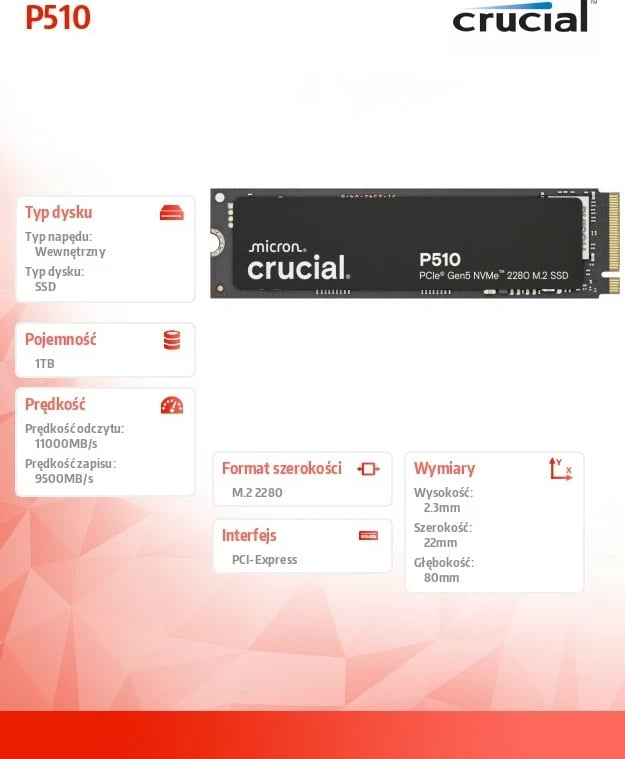 Kasë SSD Crucial P510, 1TB, M.2 NVMe, PCIe 5.0, 2280
