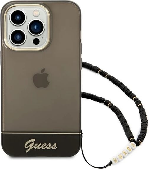 Mbështjellës Guess GUHCP14LHGCOHK për iPhone 14 Pro 6.1", Translucent Pearl Strap, i zi