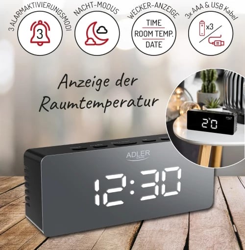Orë alarmi, Adler, AD 1189, LED me temperaturë dhome, 3 mënyra alarmi, USB + 3xAAA, e zezë