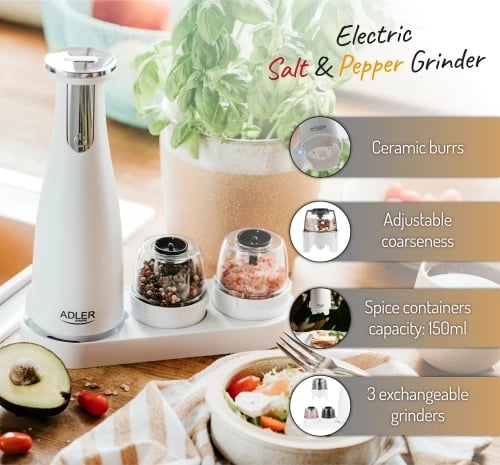 Mulli elektrik për kripë e piper, Adler AD 4449, 3 bluarsë të këmbyeshme, rregullim imtësie, 150 ml, bateri 1500mAh, USB‑C, e bardhë mat, set