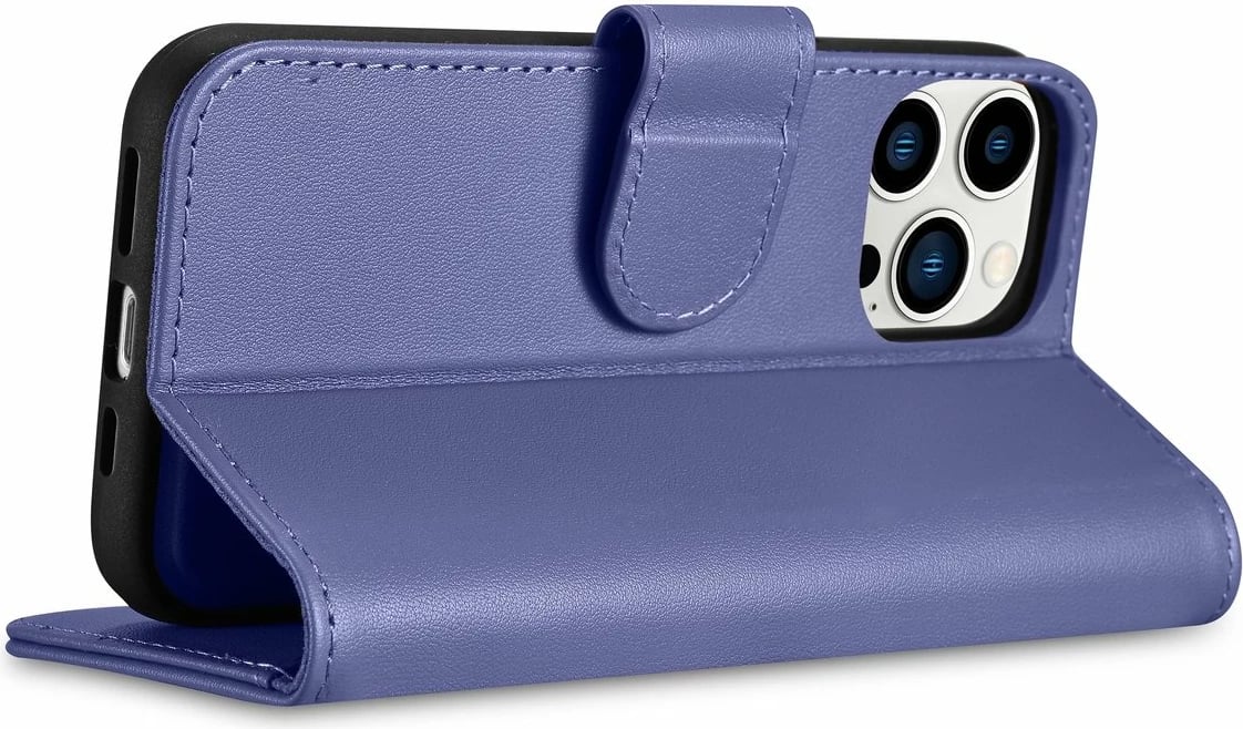 Mbështjellës portofol iCarer për iPhone 14 Pro Max, lëkurë natyrale, anti-RFID, vjollcë e lehtë