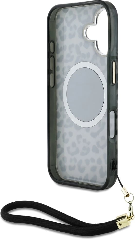 Mbështjellës Guess HC IML Leopard Triangle Cord Strap për iPhone 16, MagSafe, i zi