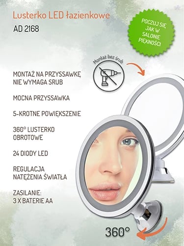 Pasqyrë LED banjoje, Adler AD 2168, zmadhim 5x, diametër 20 cm, 24 LED, rrotullim 360°, IPX4, montim me vakum, me bateri 3xAAA