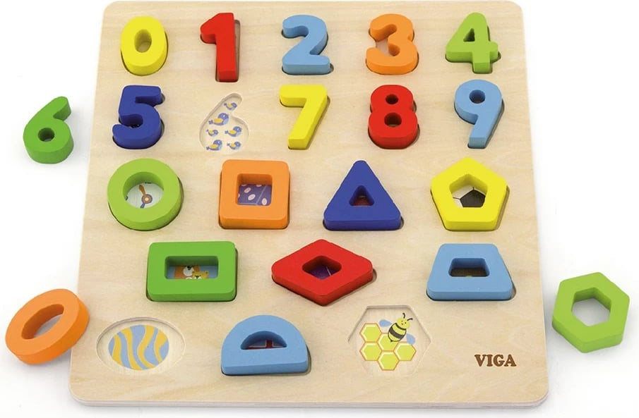 Puzzle druri, Viga Numbers and Shapes, numra 0-9 dhe forma gjeometrike, për 18+ muaj, shumëngjyrëshe