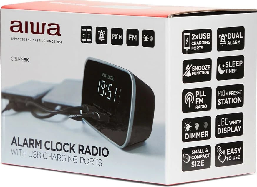 Orë Zgjuese me Radio FM, Dy Alarme dhe Mbushes USB AIWA CRU-19BK (Zezë)