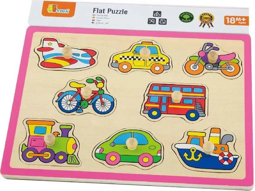 Puzzle druri me doreza, Viga Vehicles, 8 copa, 30x27 cm, shumëngjyrëshe