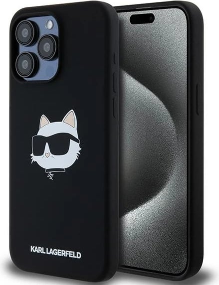 Mbështjellës Karl Lagerfeld Silicone Choupette Head MagSafe për iPhone 15 Pro Max, zi