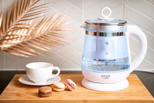 Zierëse uji qelqi Adler AD 1299 1.5 L me kontroll temperature dhe infuzor çaji, e bardhë