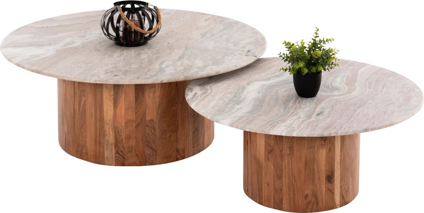 Tavolina kafeje 2 copë FORMEL FH11915 dru akacie, sipërfaqe mermeri natyral-bardhë Φ100 & Φ80 cm