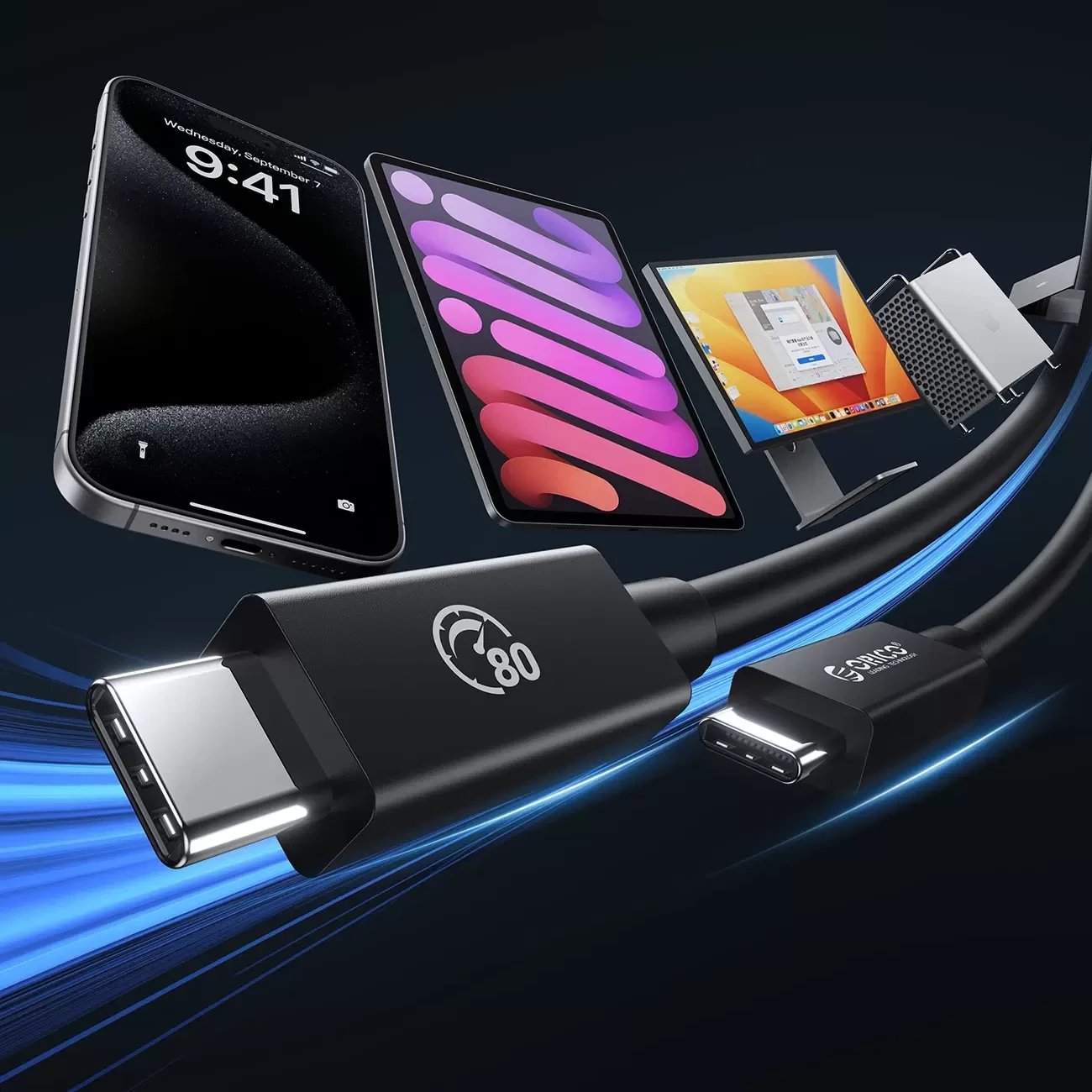 Kabllo USB‑C në USB‑C, Orico, TBZ5-15-BK, Thunderbolt 5/USB4 80 Gbps, PD 240 W, DP 2.1 8K, 1.5 m, e zezë