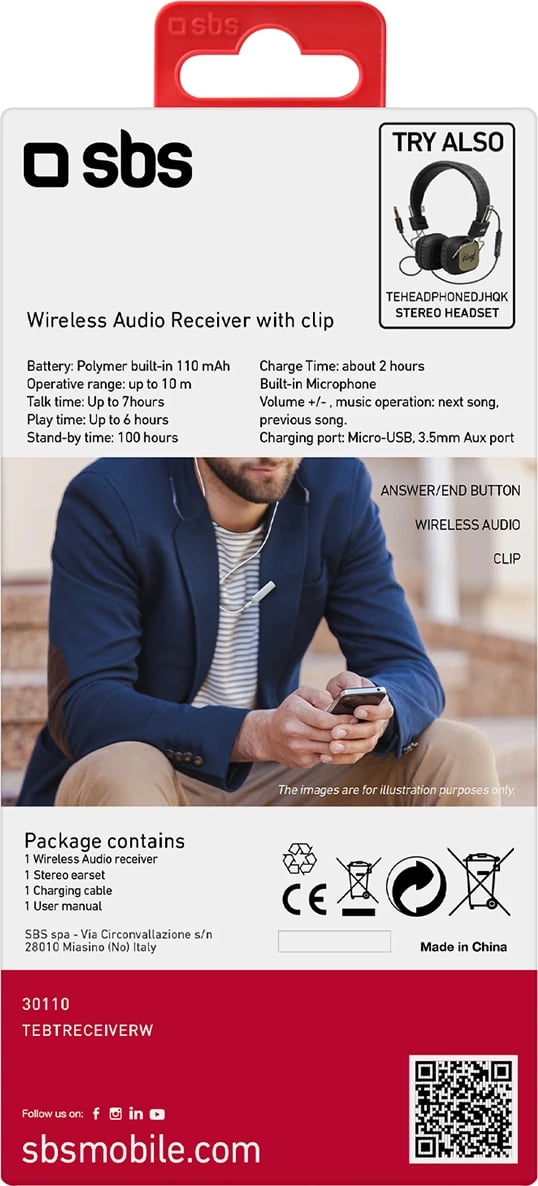 Adapter Bluetooth SBS TEBTRECEIVERW me kufje stereo, i bardhë