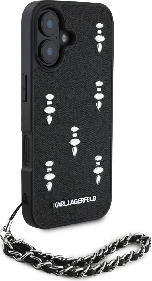 Mbështjellës Karl Lagerfeld Saffiano Crystals me zinxhir për iPhone 16, i zi