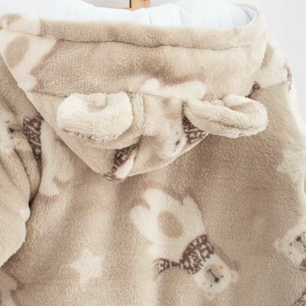 Kombinezon dimri bebe, New Baby Polar Bear, wellsoft i ngrohtë me kapuç e veshë, zinxhirë të dyfishtë, madhësi 62 (3-6m), kafe