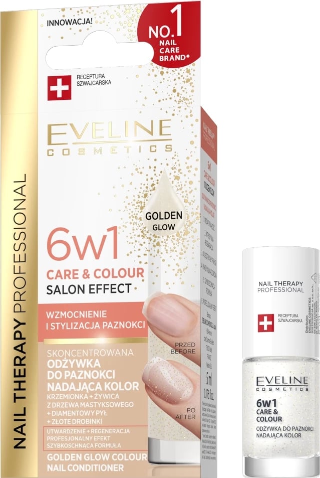 Llak për thonj për femra Eveline Cosmetics Therapy Professional Concentrated Nail Polish Color Enhancer 6in1 Golden Glow, 5ml