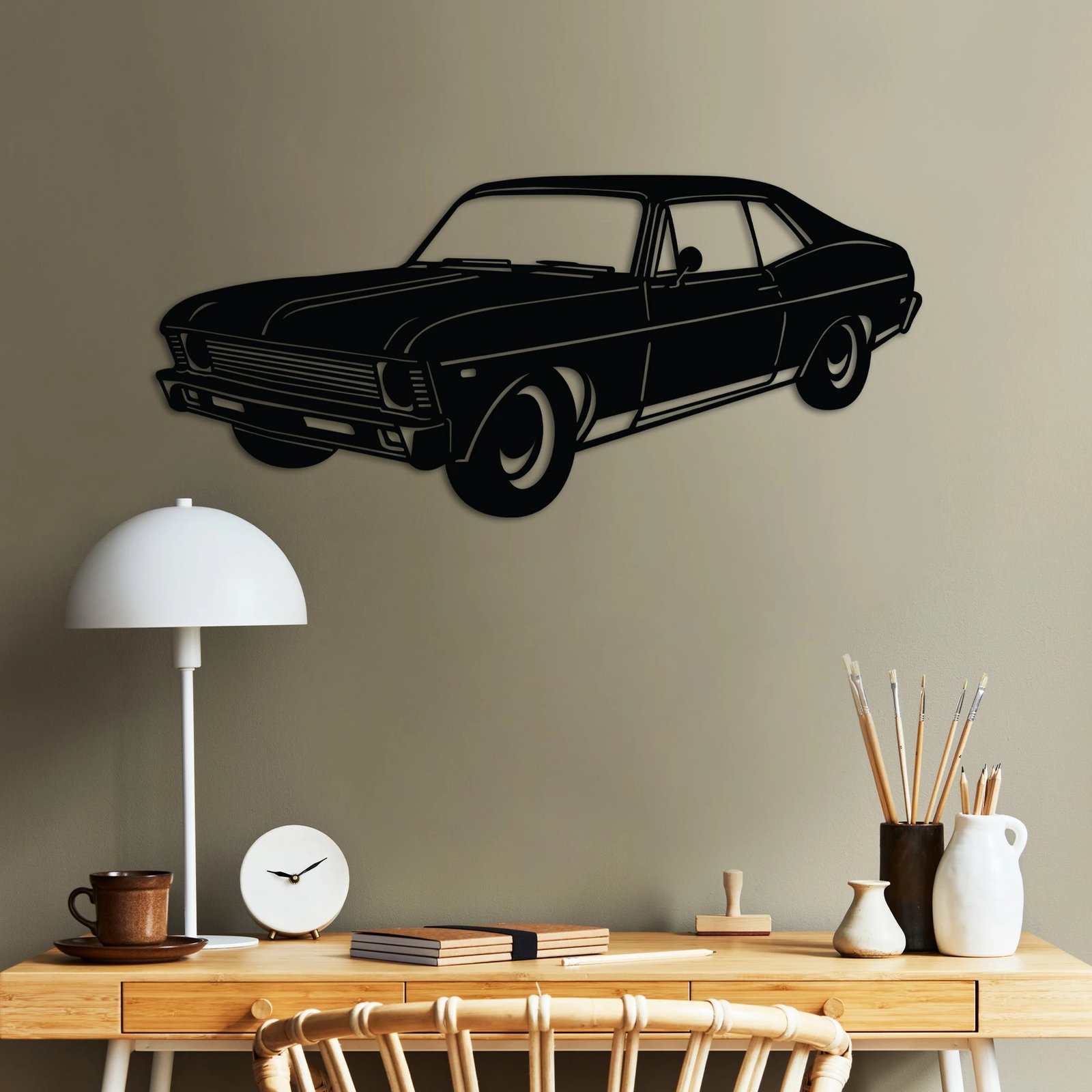 Aksesor dekorativ metalik për mur, Chevrolet Nova 1972, sedan klasik, ngjyrë e zezë, 60x27cm
