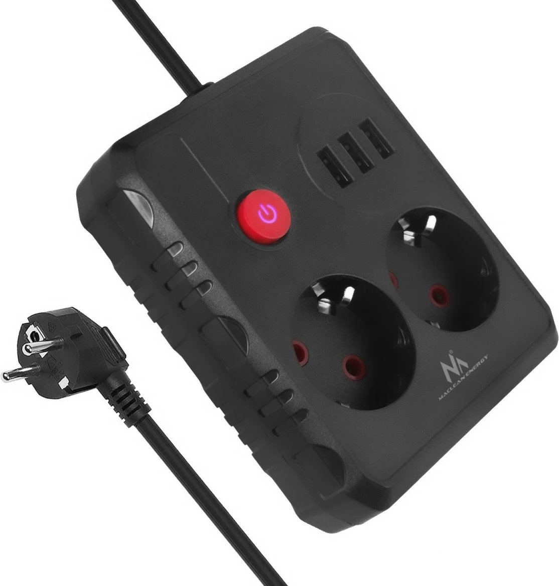 Prizë zgjatëse Maclean MCE387 B, 2 Schuko + 3 USB, 2500W, kabllo 1.5 m, me ndërprerës, e zezë