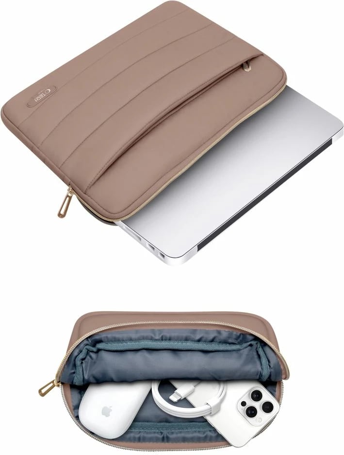 Kasë laptopi Tech-Protect Puffy 15-16", me çantë aksesorësh, Kafe