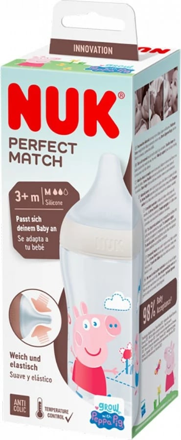 Biberon NUK Perfect Match Peppa Pig Temperature Control 260 ml, silikon Size M (3m+), bezhë