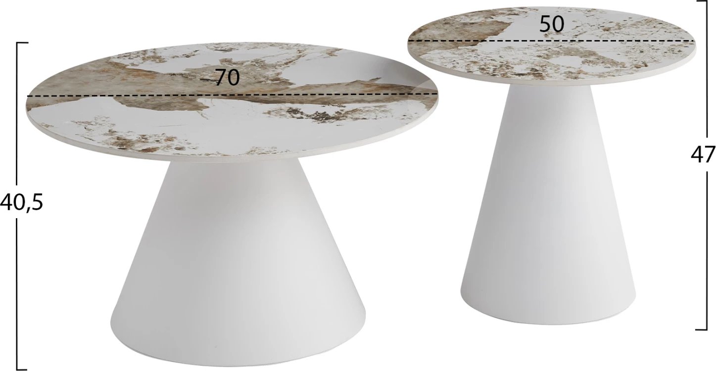 Set 2 tavolina kafeje, bazë e bardhë, sipërfaqe sinterizuar ‘Pandora’, FH18307.01, Φ50cm & Φ70cm