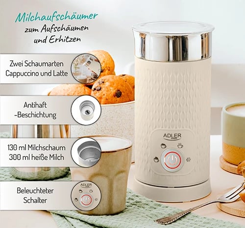 Shkumues qumështi, Adler AD 4495, 4 funksione cappuccino/latte/ngrohje/shkumë e ftohtë, 300 ml qumësht i nxehtë 130 ml shkumë, 500W, bezhë