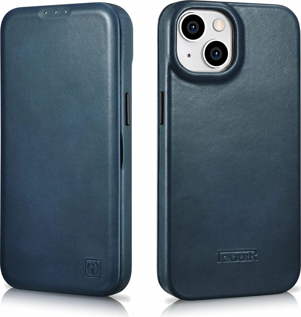 Mbështjellës iCarer Oil Wax Premium Leather Folio për iPhone 14 Plus, MagSafe, kaltër