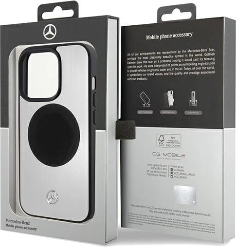 Mbështjellës Mercedes Leather&Alu MagSafe për iPhone 15 Pro Max, argjendtë