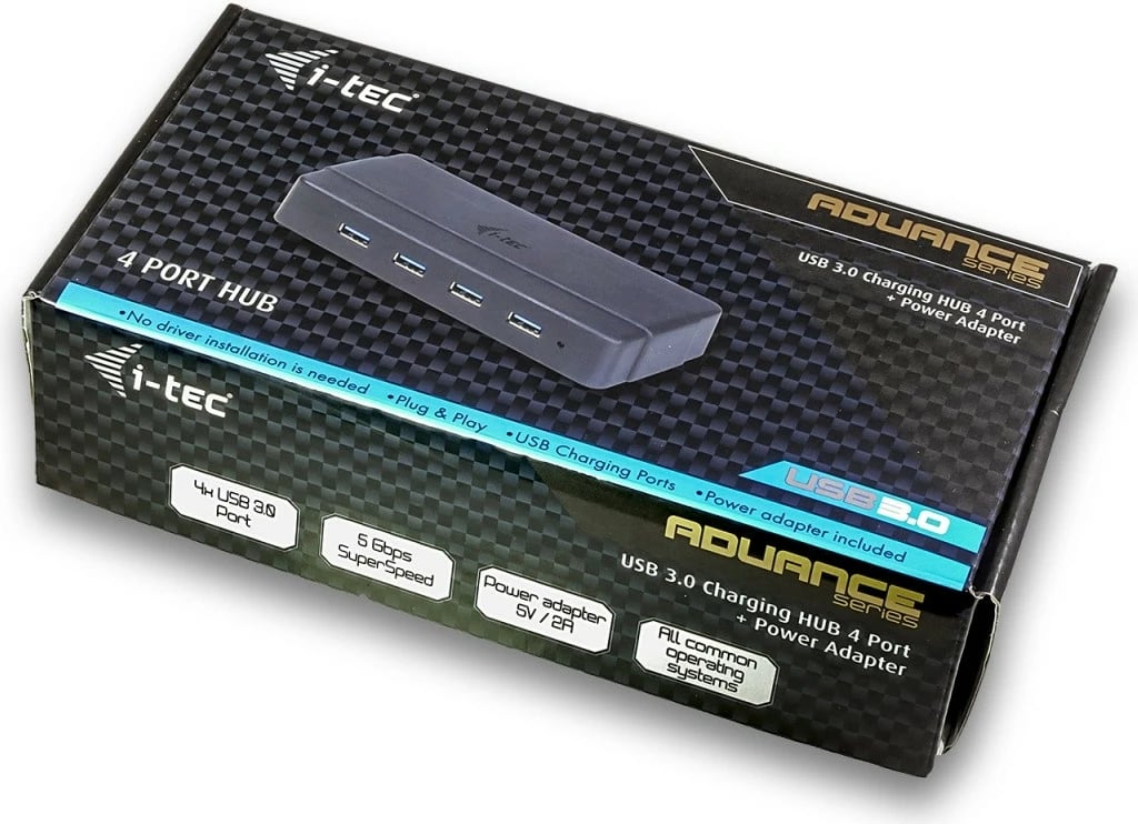 Kasë USB HUB i-tec U3HUB445, 4 porta, USB 3.0, me furnizim rryme, E zezë