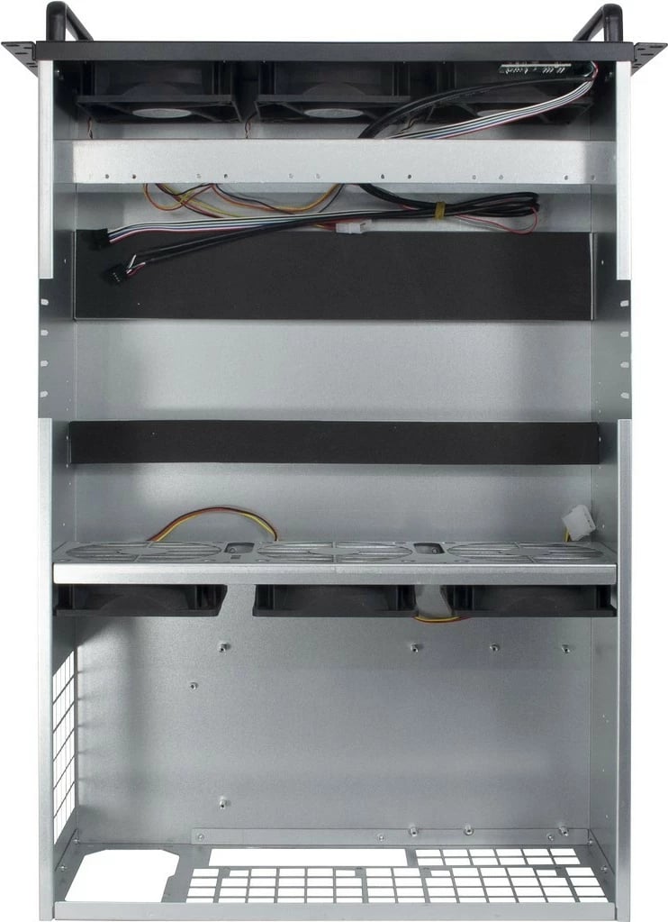 Kasë Inter-Tech 4W2 Mining-Rack 4HE, rack 19 inç, industriale, e zezë/argjendtë