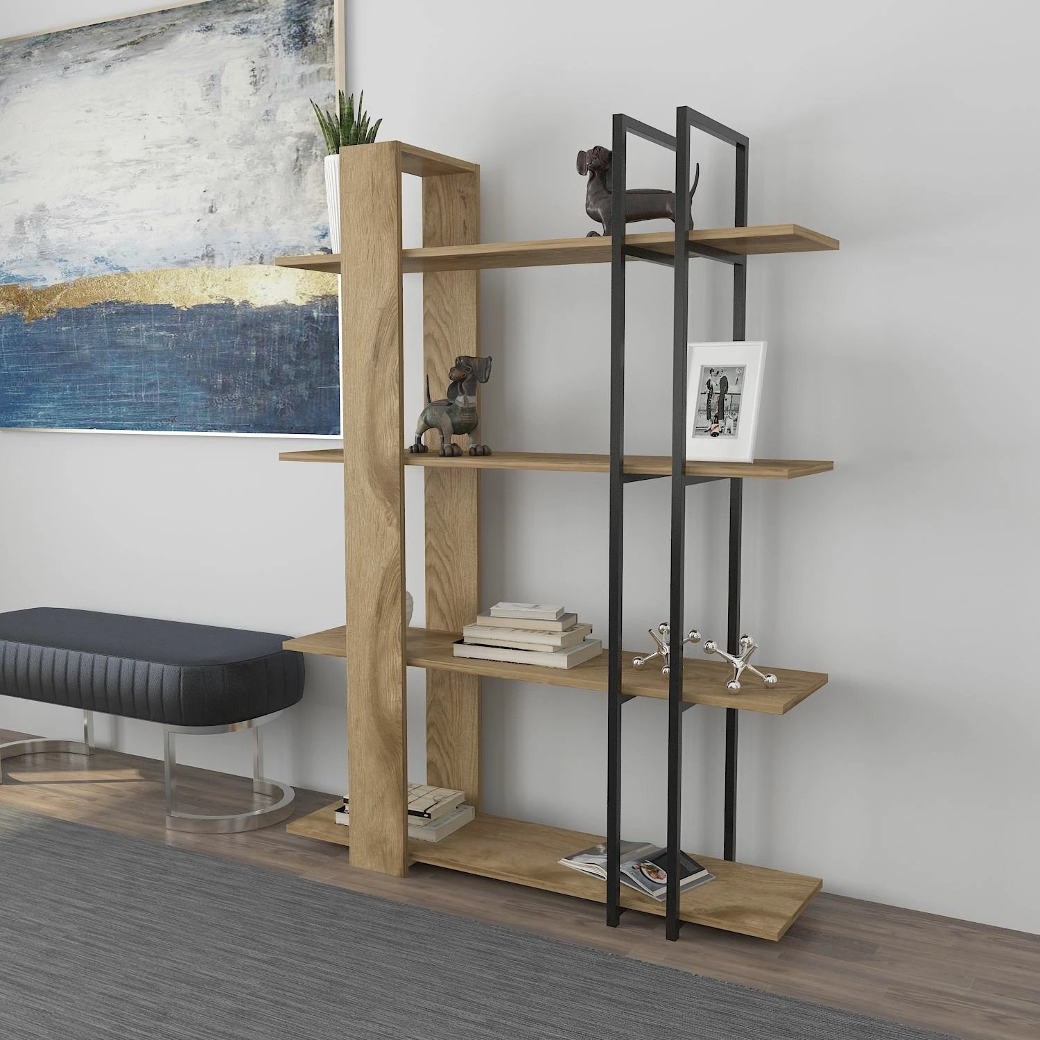 Raft librash, ngjyrë lisi dhe e zezë, Skye Decor, Onno