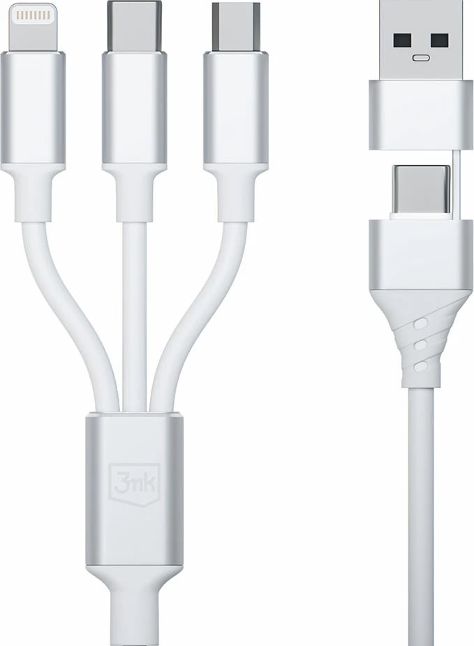 Kabllo 3in1 3mk Hyper Cable, 1.5m, USB-A në USB-C/Micro USB/Lightning, Bardhë