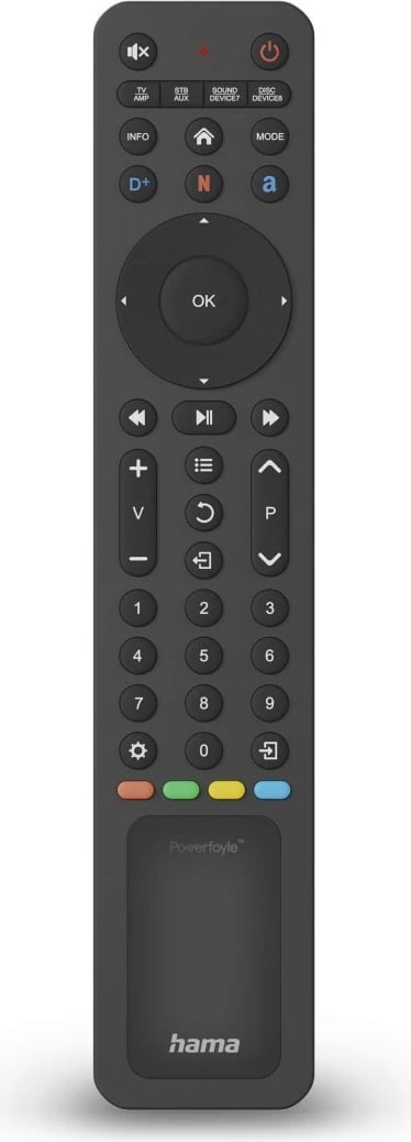 Telekomandë universale solare, Hama, 221057, 8‑në‑1, butona streaming, funksion mësimi, USB‑C, e zezë