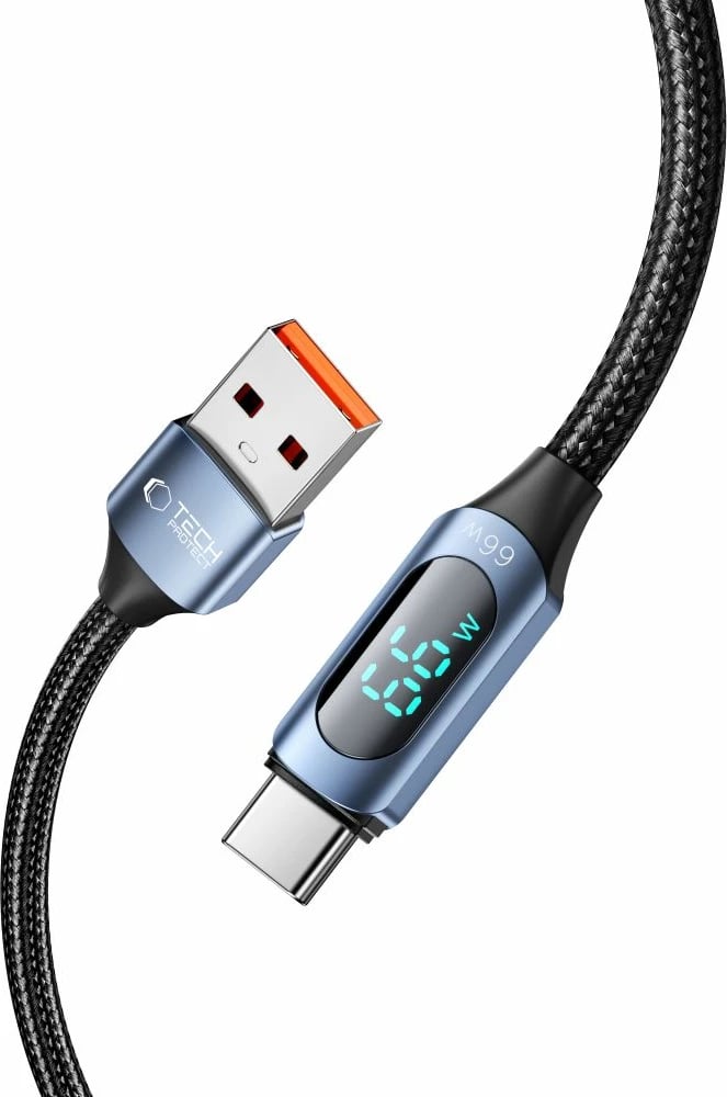 Kabllo Tech-Protect UltraBoost me ekran LED, USB-C / USB-A, 66W, 1m, Blu