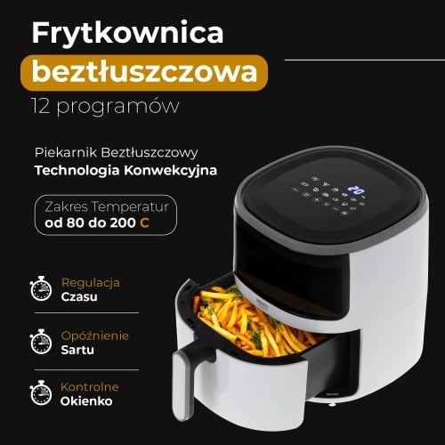 Fritezë ajri furrë, Camry CR 6313, 5 L, 12 programe, 80–200°C, ekran LED me prekje, vonesë nisjeje, e bardhë