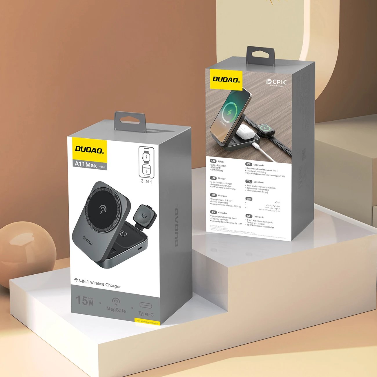 stacion karikimi pa tel 3-në-1, Dudao A11 Max, 15W MagSafe, hyrje USB-C, gri
