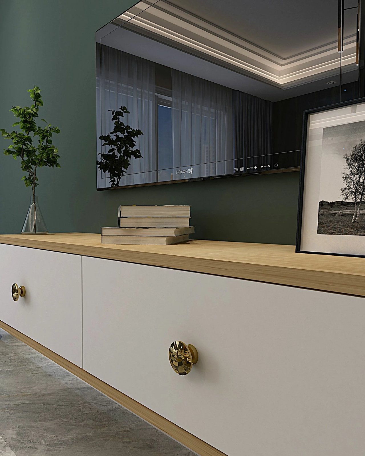 Konsolë TV Skye Decor, Zuzu 120, ngjyrë lis safir, e bardhë, e artë