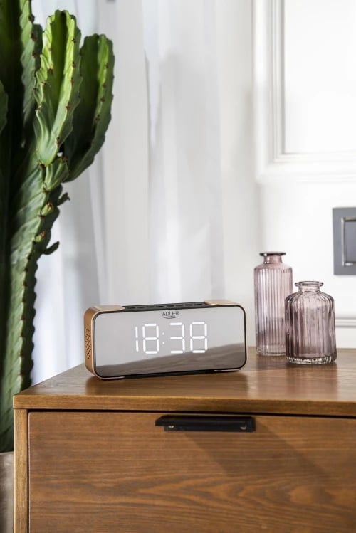 Orë alarmi me radio dhe Bluetooth, Adler AD 1190, stereo 2x3W, USB/SD/AUX, bateri 2600 mAh, ekran pasqyrë LCD i bardhë, e zezë/ngjyrë bakri