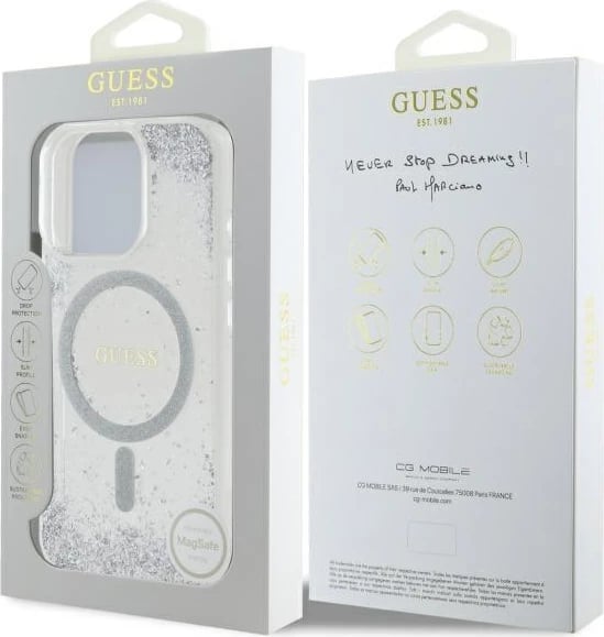 Mbështjellës Guess Resin Gradient Glitter MagSafe për iPhone 16 Pro, argjendtë