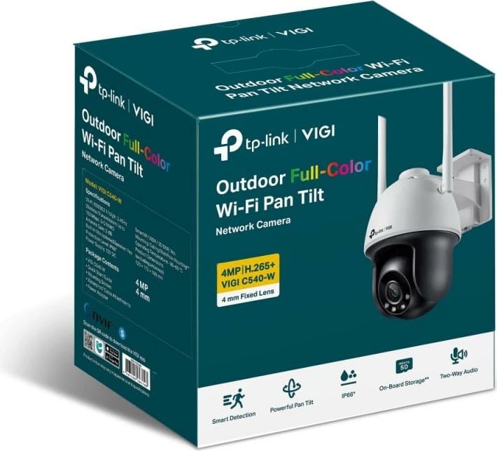 Kamerë rrjeti, TP-Link VIGI C540-W (4mm), 4MP, Wi‑Fi pan-tilt, për jashtë, bardh e zi