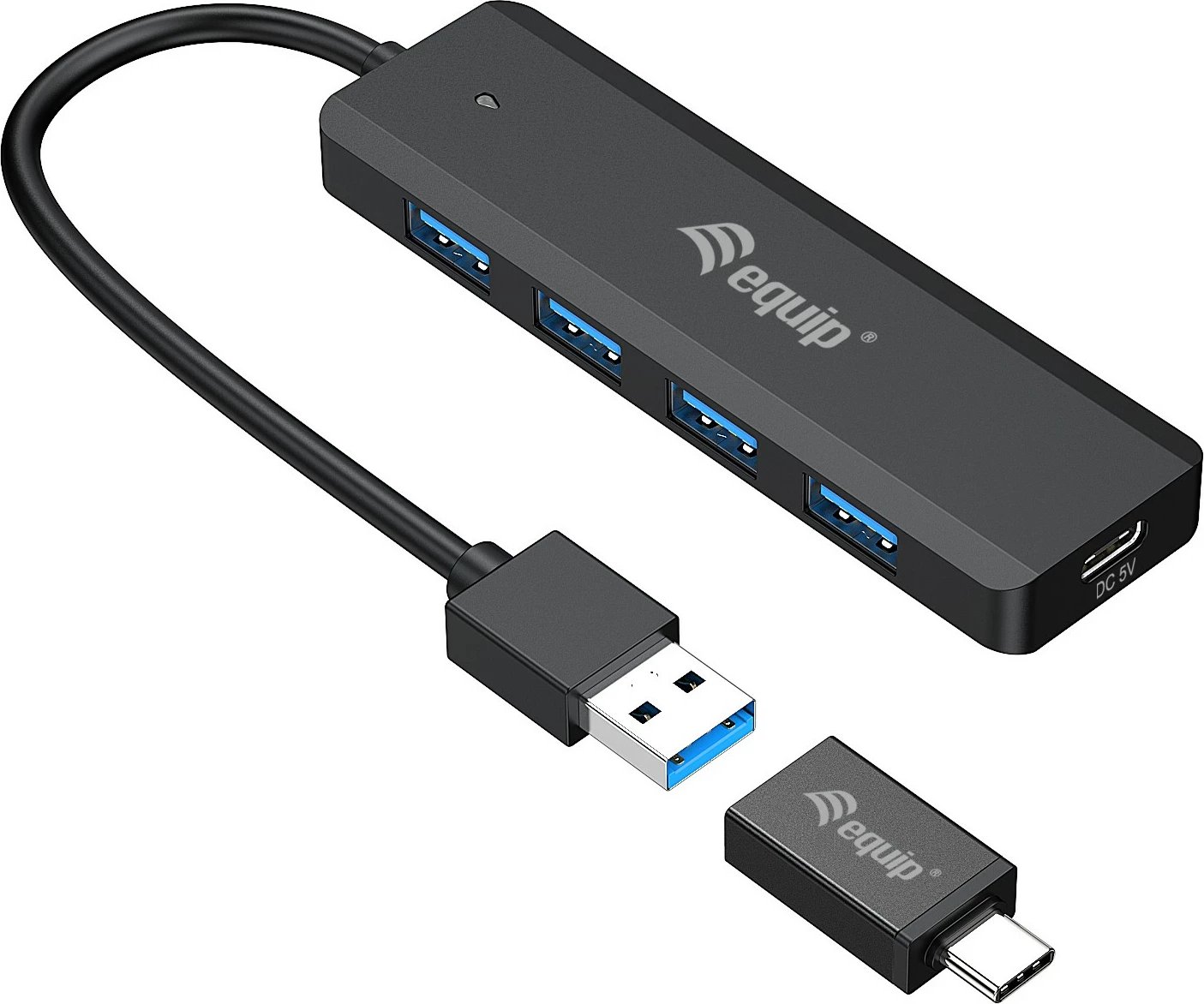 USB hub Equip 4-portë 3.2 me USB-C adapter, 5Gbps, e zezë
