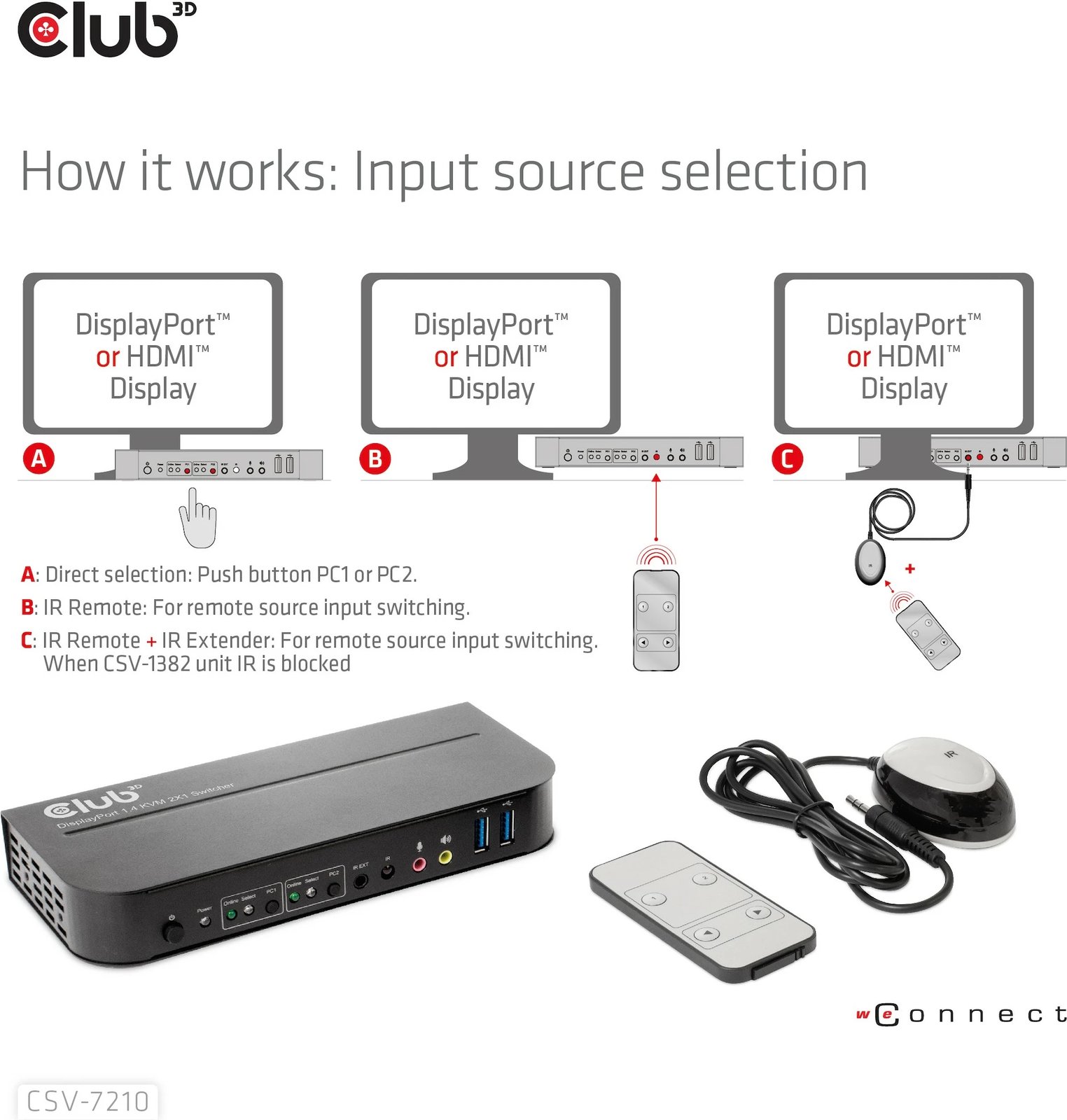 Switch KVM Club3D CSV-7210, 2x DisplayPort, 1x HDMI, 2xUSB, 4K60Hz, i zi