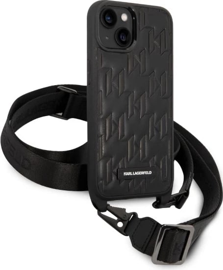 Mbështjellës Karl Lagerfeld Monogram Plaque Logo për iPhone 14/15/13 6.1", i zi me rrip
