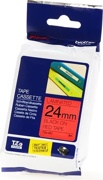 Kasetë etiketash Brother TZe-451 24mm 8m, e laminuar, e zezë mbi të kuqe